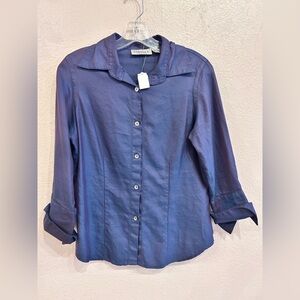 Farinaz Taghavi Cotton Fine Line Button Down Blue Red Top Size 10